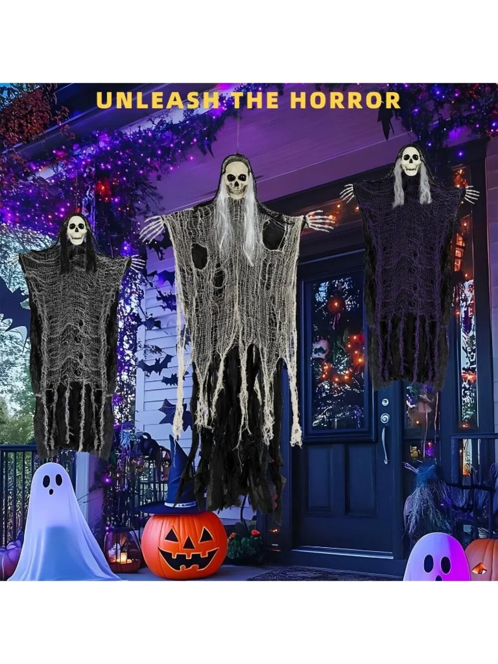 Set of 3 Halloween Scary Hanging Ghosts Grim Reaper Skeleton Haunted House Decor